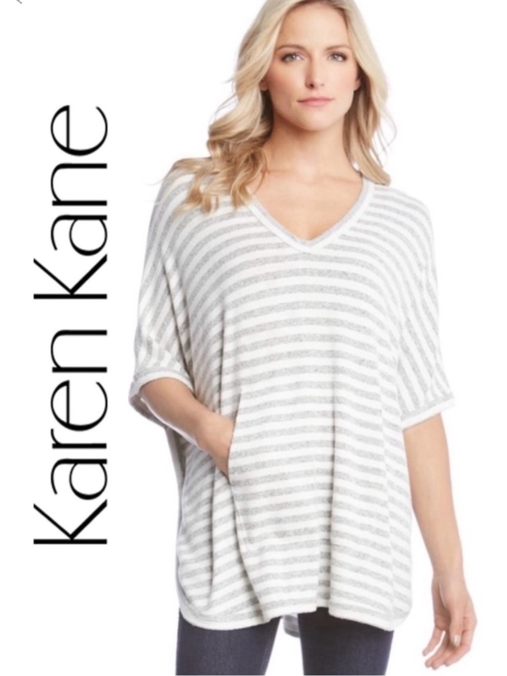 Karen Kane Stripe Kangaroo Pocket Cozy Poncho Top Grey‎ White Stripe XS